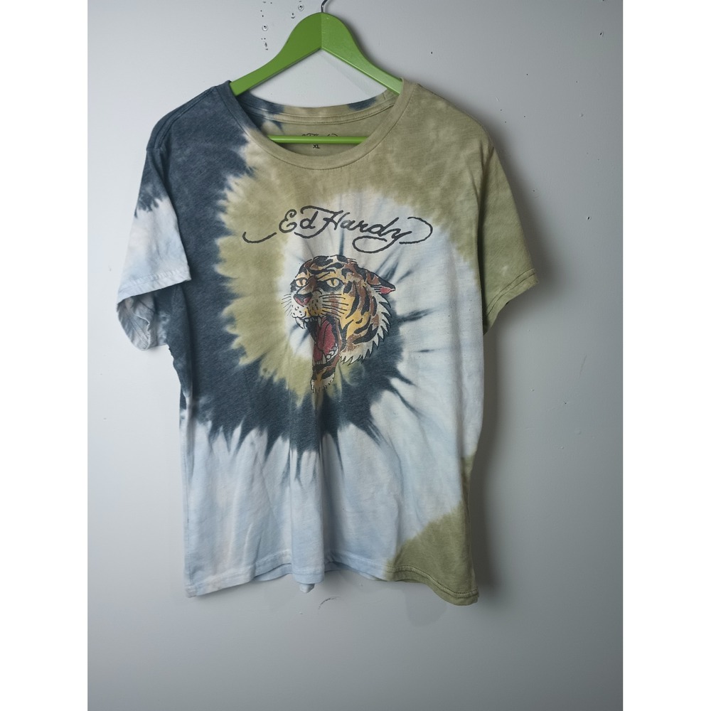 Ed Hardy Vintage Tiger Graphic Tie Dye T-Shirt Olive Navy EHW1100-12 XL